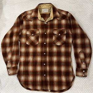 Vintage 70s Pendleton Western Wear Pearl Snap Plaid Wool Shirt Made Size Medium